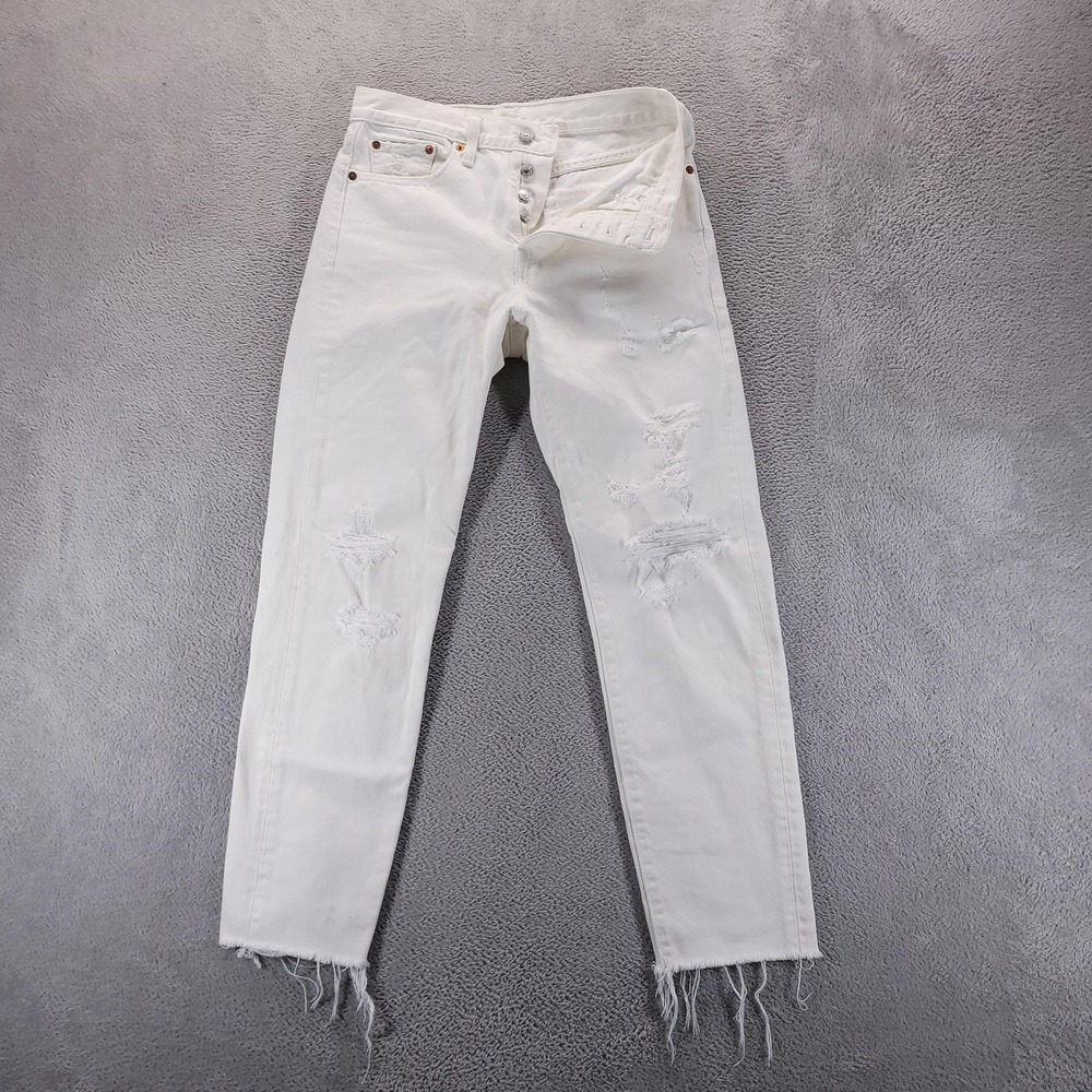 Levis 501 Jeans Womens 27 White High Rise Straight Distressed Button Fly Raw Hem